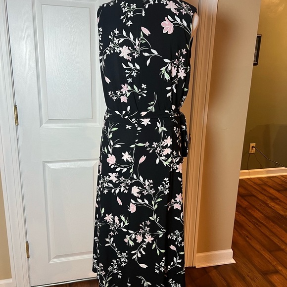 Anne Klein Midi Dress Black Pink Floral Sleeveless Belted Back Zip Stretch READ - Picture 3 of 6